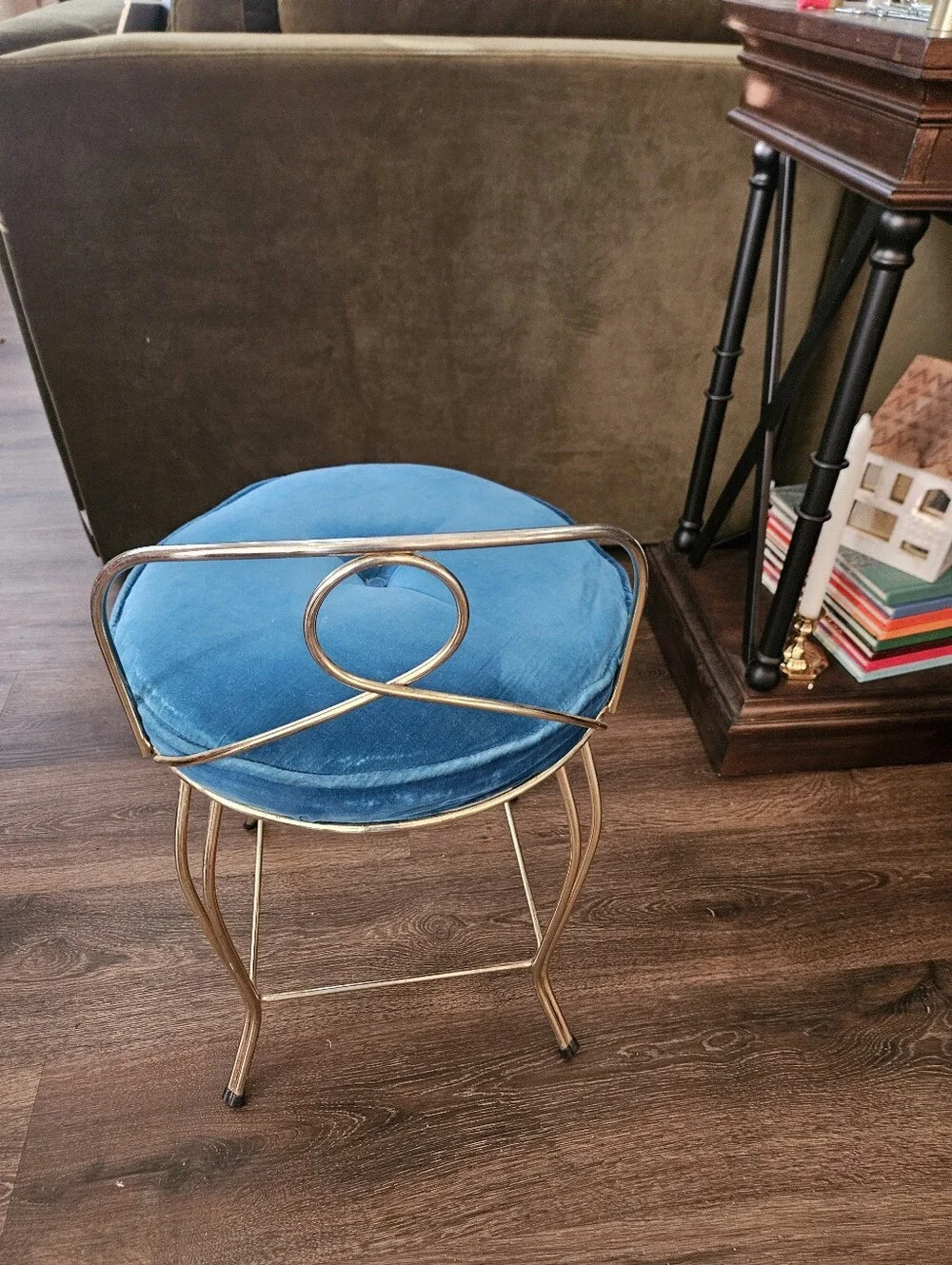 Vintage Brass Tufted Blue Velvet Accent Stool Hollywood Regency